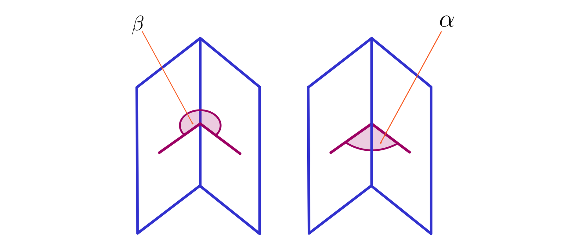 Ilustracja przedstawia dwa rodzaje kątów dwuściennych. W pierwszym kącie po stronie lewej kąt beta zaznaczony jest po stronie zewnętrznej, czyli tam gdzie jest okładka, natomiast po stronie prawej kąt alfa znajduje się wewnątrz dwóch ścian, czyli tam gdzie znajdują się kartki.