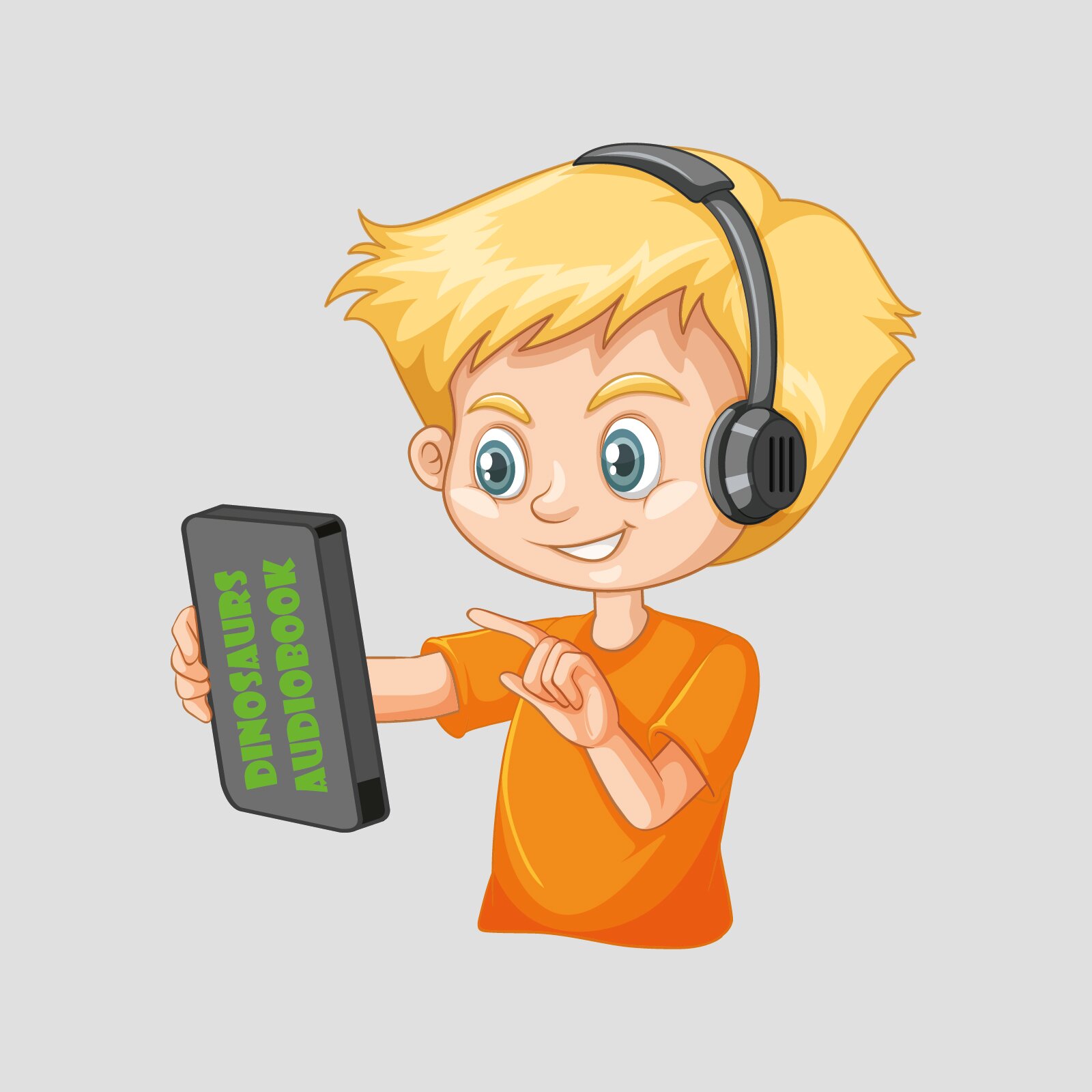 Ilustracja przedstawia blondwłosego chłopca w wieku wczesnoszkolnym, słuchającego audiobook. Chłopiec ma na sobie słuchawki, oraz pomarańczowy podkoszulek. W dłoni trzyma urządzenie, na którym znajduje się tekst: dinosaurs audiobook.