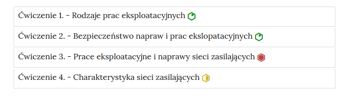 Zrzut ekranu przedstawia przykładowy wygląd zakładek z interaktywnymi materiałami sprawdzającymi. Widoczne są cztery zakładki z ćwiczeniami, na każdej zakładce jest numer ćwiczenia i jego tytuł. Po tytule widać symbol poziomu trudności danego ćwiczenia. Przykład tekstu na pasku zakładki. Ćwiczenie 1 myślnik rodzaje prac eksploatacyjnych.