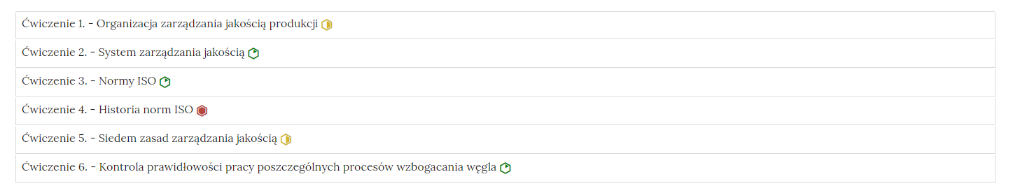 Zdjęcie przedstawia przykładowy wygląd zakładek zawierających interaktywne materiały sprawdzające. Składają się one z prostokątnych paneli umieszczonych jeden pod drugim. Każdy panel posiada numer oraz tytuł, który nawiązuje do zawartego w nim zadania.