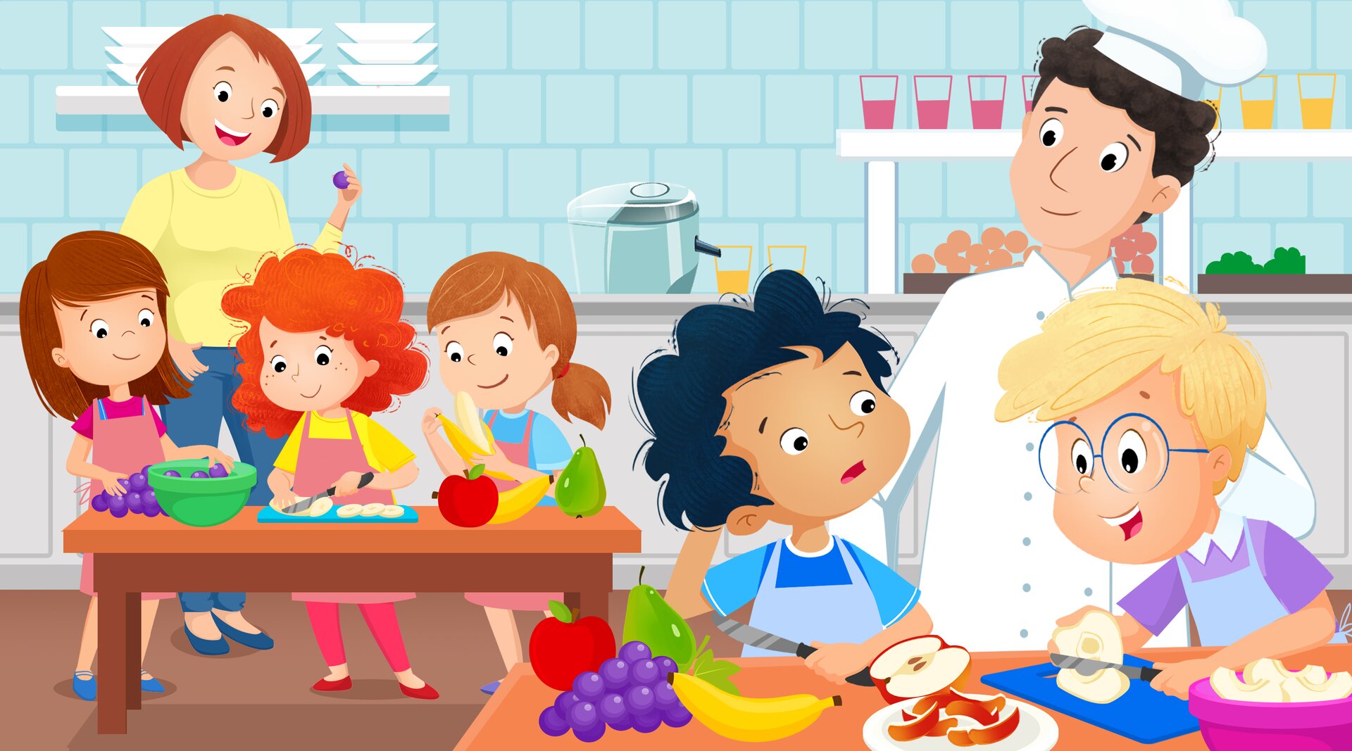 Ilustracja przedstawia dzieci, nauczycielkę i kucharza w kuchni. Dzieci kroją razem różne owoce. Na stołach leżą winogrona, jabłka, banany, gruszki.