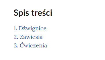 Grafika przedstawia spis treści. U góry widoczny jest napis spis treści. Pod spodem znajdują się wypisane elementy galerii. Są to:
1. Dźwignice
2. Zawiesia
3. Ćwiczenia