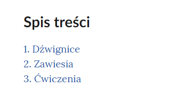 Grafika przedstawia spis treści. U góry widoczny jest napis spis treści. Pod spodem znajdują się wypisane elementy galerii. Są to:
1. Dźwignice
2. Zawiesia
3. Ćwiczenia