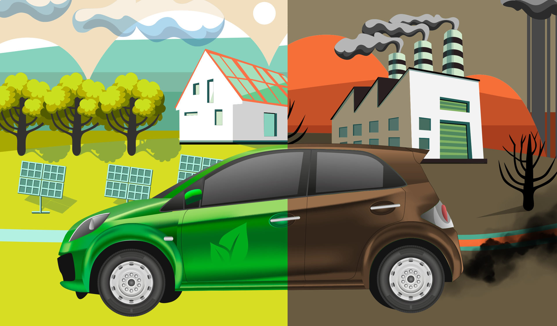 Ilustracja przedstawia dwa zestawione ze sobą obrazy. Po lewej stronie znajduje się grafika przedstawiająca zieloną okolicę, wraz z panelami słonecznymi, trzema zielonymi drzewami i białym domem jednorodzinnym. Dach domu jest pokryty panelami słonecznymi. Po prawej stronie znajduje się grafika w ciemnych kolorach, na której znajduje się obraz fabryki z dymiącymi kominami na dachu. Drzewo, które znajduje się przed fabryką jest czarne, bezlistne i uschnięte. Na pierwszym planie grafiki znajduje się samochód, który łączy obie części  grafiki. Po lewej stronie znajduje się zielony przód samochodu z wizerunkiem zielonych listków na drzwiach. Po prawej stronie jest ukazany tył samochodu w ciemno‑brązowym kolorze.