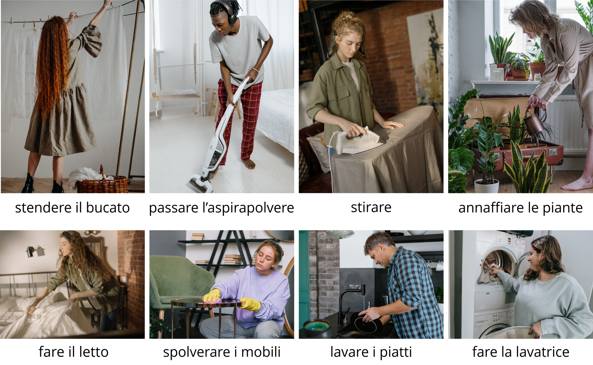 Ilustracja składa się z ośmiu fotografii. Na zdjęciach przedstawione są osoby wykonujące czynności związane ze sprzątaniem: mycie naczyń, ścielenie łóżka, wycieranie kurzu z mebli, odkurzanie, podlewanie kwiatów, robienie prania, wieszanie prania, prasowanie.