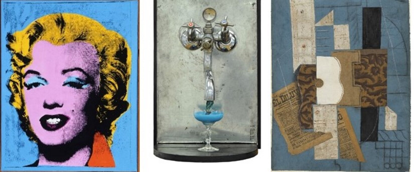 Ilustracja przedstawia kolaż złożony z trzech zdjeć. Od lewej: portret Marilyn Monroe, kran z korbkami oraz fragmenty gazet leżące na niebieskim tle.