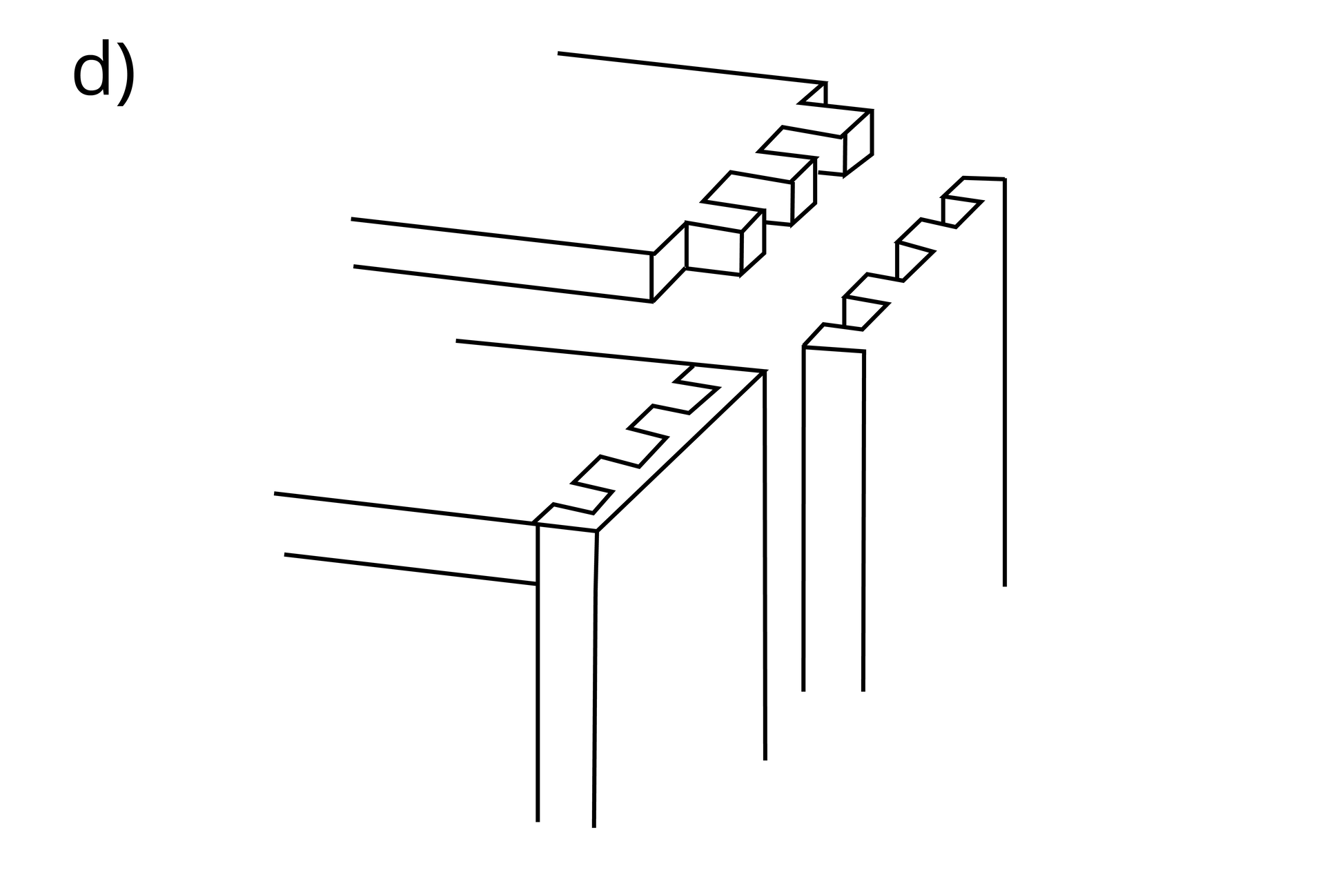 Ilustracja ukazuje dwa rysunki złącza wczepowego skośnego półkrytego. Jest to połączenie narożnikowe ścienne – szerokie elementy łączą się pod kątem prostym.  Na pierwszym rysunku widoczne są dwa elementy zakończone wcięciami i wypustami. Czopy jednego elementu są szersze u podstawy, a węższe przy krawędzi, zaś w drugim elemencie jest odwrotnie, przy czym wycięcia nie przechodzą na wylot. Na drugim rysunku elementy są połączone, a miejsce łączenia jest widoczne tylko z jednej strony.