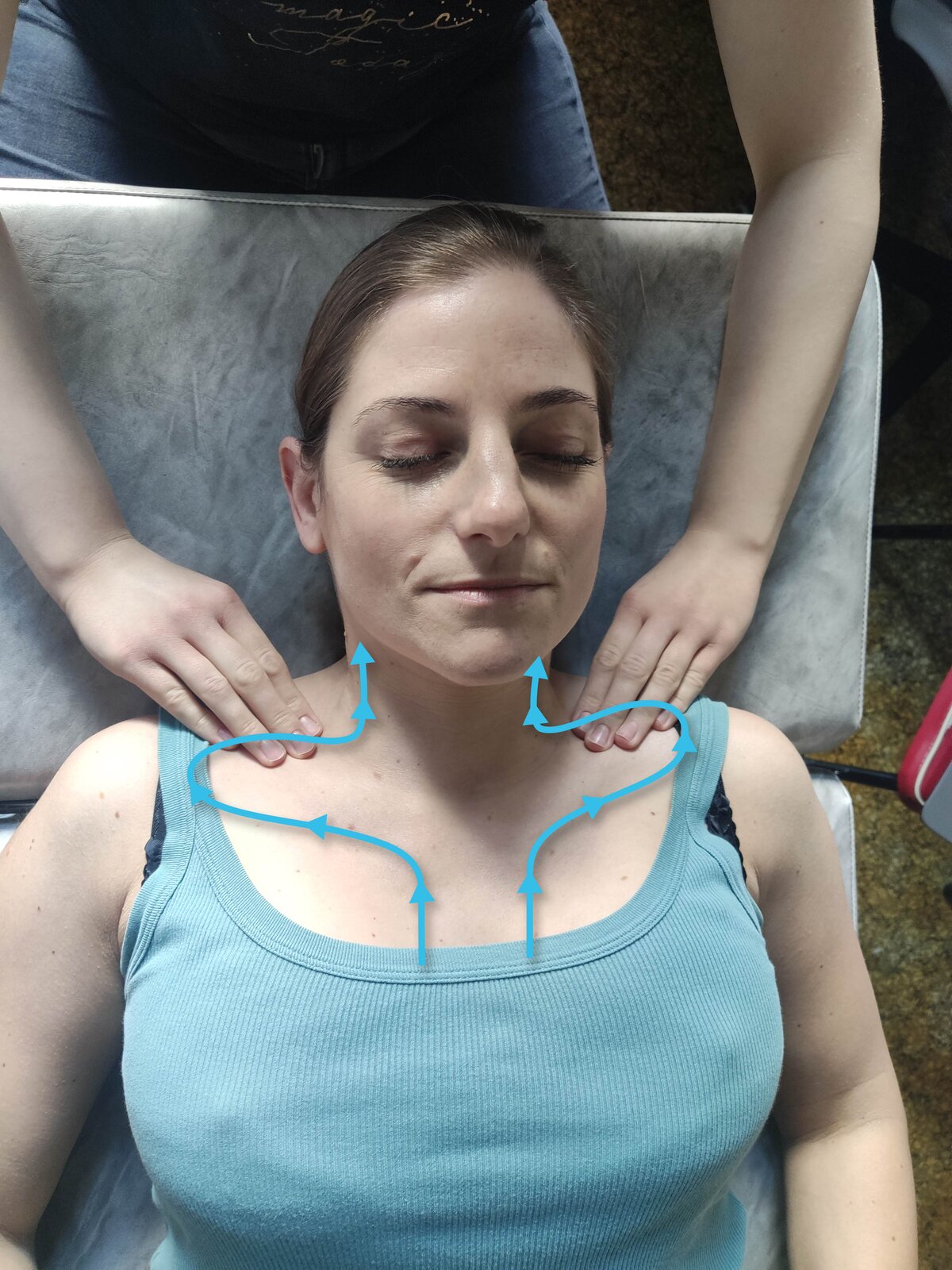 Zdjęcie przedstawia twarz pacjenta w leżeniu tyłem. Głowa pacjenta spoczywa na poduszce. Masażysta znajduje się za głową pacjenta i powierzchnią dłoniową obu rąk wykonuje ruch głaskania od rękojeści mostka, przez linię obojczyków, boczną stronę szyi aż do linii brody. 