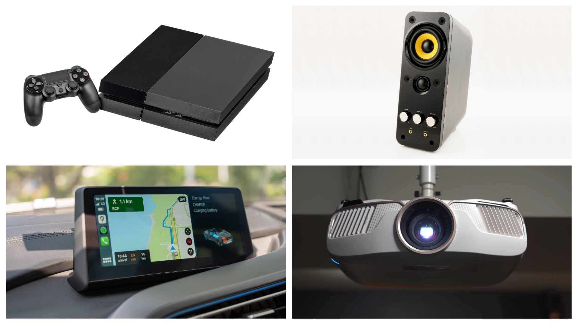 Ilustracja składa się z czterech zdjęć przedstawiających urządzenia elektroniczne. Zdjęcie po lewej u góry przedstawia konsolę do gier. Zdjęcie po prawej u góry przedstawia głośnik. Zdjęcie po lewej na dole przedstawia nawigację gps. Zdjęcie po prawej na dole przedstawia projektor.