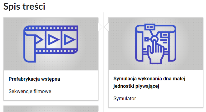 Grafika przedstawia dwa kafelki ze spisu treści. Są umiejscowione obok siebie. Mają prostokątny kształt. Górna część kafelka to szara grafika z symbolem danego multimedium. Dolna część to tytuł i nazwa multimedium. Kafelek po lewej przedstawia kliszę filmową z widocznym w niej trójkątem symbolizującym włączenie odtwarzania filmu. Podpis tego multimedium brzmi: Prefabrykacja wstępna, sekwencje filmowe. Kafelek po prawej przedstawia palec wskazujący skomplikowane wzory na zrolowanej na końcach kartce. Podpis tego multimedium brzmi: Symulacja wykonania dna małej jednostki pływającej, symulator.