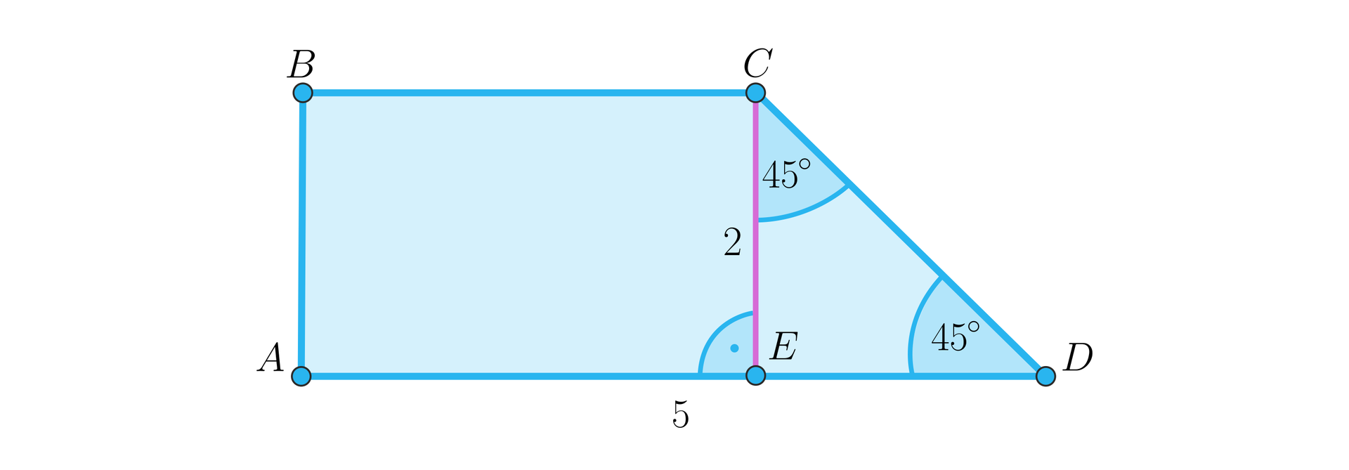 Rysunek przedstawia trapez prostokątny A B C D. Z górnego prawego wierzchołka figury upuszczono wysokość C E o długości dwa. Kawałek dolnej podstawy, czyli odcinek A E ma długość pięć. Wysokość trapezu wraz z lewym ramieniem i kawałkiem dolnej podstawy tworzą trójkąt prostokątny równoramienny C E D, gdzie przy wierzchołku E znajduje się kąt prosty, a przy wierzchołkach C oraz D znajdują się kąty 45 stopni.