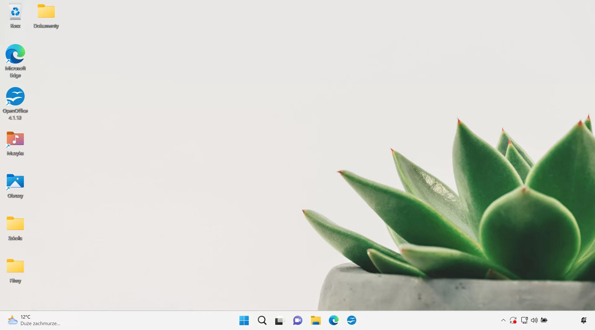 Ilustracja przedstawia zrzut ekranu z pulpitu systemu Windows 11. Pulpit został zaprojektowany w oparciu o powyższe punkty z odpowiedzi. Na tle pulpitu znajduje się fragment rośliny na szarym tle, pasek zadań posiada tylko najważniejsze ikony. Sam pulpit zawiera tylko ikony kosza, przeglądarki, programu OpenOffice, foldery muzyka, Obrazy, Szkoła, Filmy, Dokumenty.