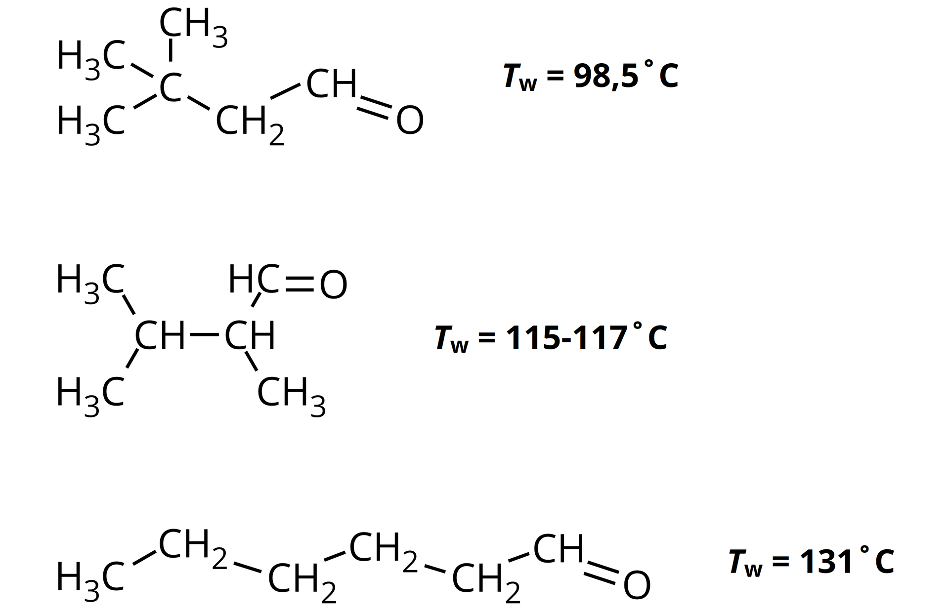 Na ilustracji podane są trzy wzory wraz z informacją o temperaturze wrzenia. Pierwszy wzór: atom węgla łączy się z trzema grupami metolowymi oraz z jedną grupą metylenową. grupa metylenowa łączy się z CH, a CH wiązaniem podwójnym z atomem tlenu. Temperatura wrzenia=98,5 stopnia Celsjusza. Drugi wzór: grupa CH łączy się z dwiema grupami metylowymi oraz z drugą grupą CH. Ta łączy się u góry z grupą HC połączoną wiązaniem podwójnym z atomem tlenu, a na dole z grupą metylową. Temperatura wrzenia=115-117 stopni Celsjusza. Trzeci wzór: łańcuch od lewej strony ma następujący szereg. - grupa metylowa łączy się z grupą metylenową. Następnie w łańcuchu są jeszcze trzy kolejne grupy metylowe oraz grupa CH połączona wiązaniem podwójnym z atomem tlenu. Temperatura wrzenia=131 stopni Celsjusza.  
