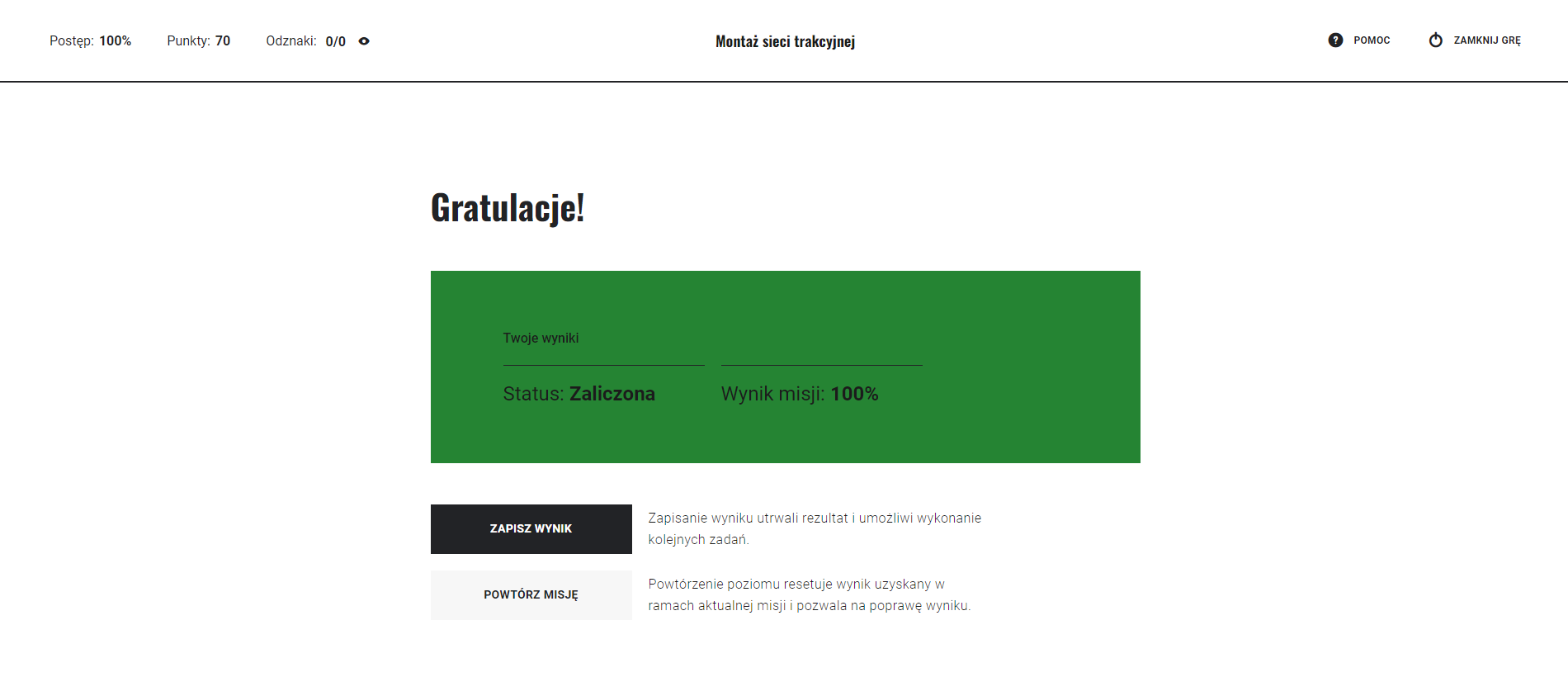 Ekran gry wcielanie się w rolę po udzieleniu wszystkich poprawnych odpowiedzi