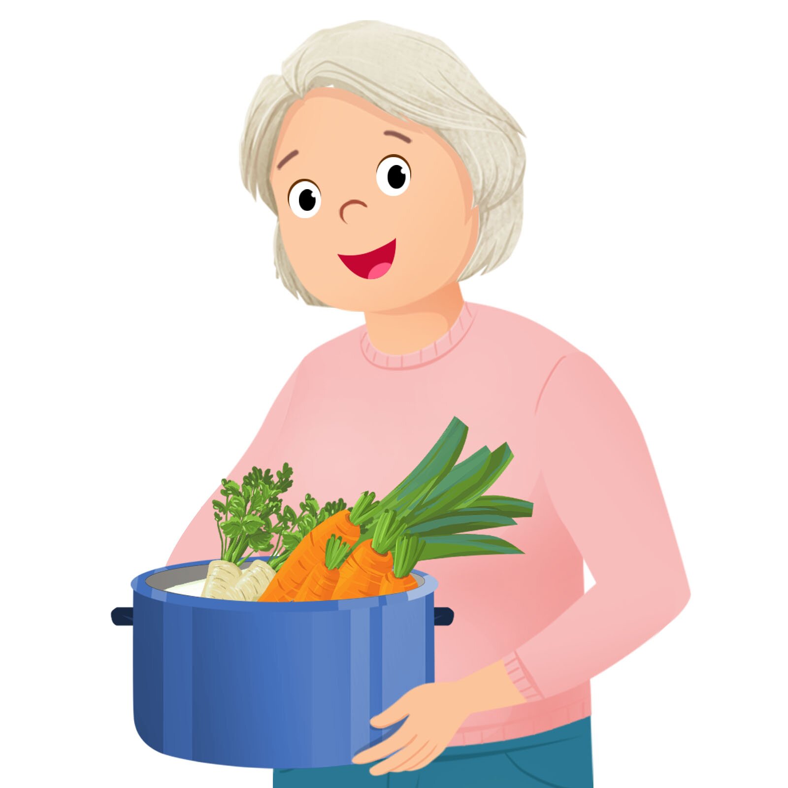 Ilustracja przedstawia starsza panią z garnkiem w którym znajdują się świeże warzywa.
