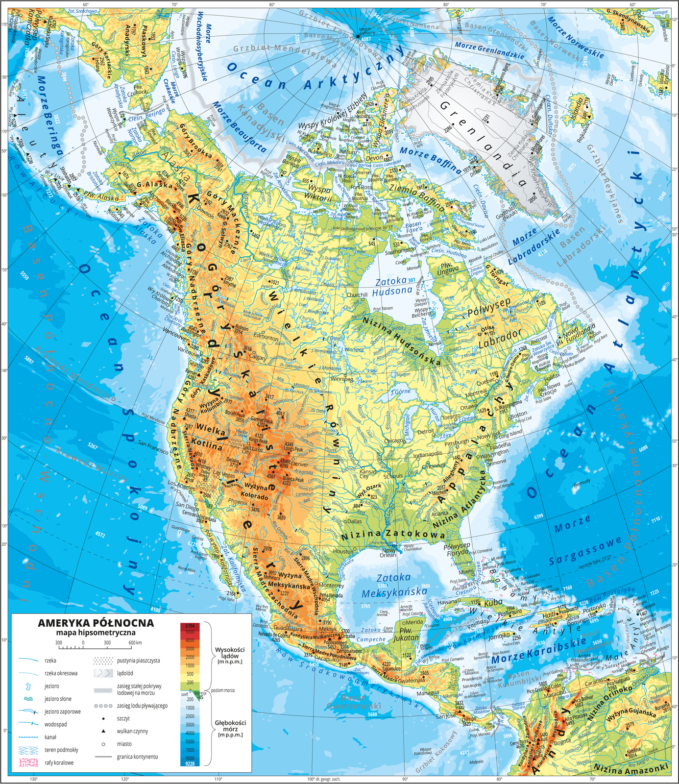 Ilustracja przedstawia mapę hipsometryczną Ameryki Południowej. W obrębie lądów występują obszary w kolorze zielonym, żółtym, pomarańczowym i czerwonym. Na zachodnim wybrzeżu dominują pasma górskie o przebiegu południkowym. Niziny wzdłuż północnych i wschodnich wybrzeży. Morza zaznaczono kolorem niebieskim. Na mapie opisano nazwy półwyspów, wysp, nizin, wyżyn i pasm górskich, mórz, zatok, rzek i jezior. Oznaczono i opisano główne miasta. Oznaczono czarnymi kropkami i opisano szczyty górskie. Trójkątami oznaczono czynne wulkany i podano ich nazwy i wysokości. Mapa pokryta jest równoleżnikami i południkami. Dookoła mapy w białej ramce opisano współrzędne geograficzne co dziesięć stopni. W legendzie umieszczono i opisano znaki użyte na mapie.