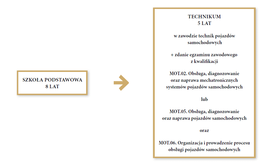 Grafika przedstawia ścieżkę możliwości kształcenia w zawodzie technik pojazdów samochodowych. Pierwszym krokiem do zawodu jest ukończenie ośmiu lat szkoły podstawowej. Drugim krokiem jest ukończenie pięciu lat technikum w zawodzie technik pojazdów samochodowych i zdanie egzaminu zawodowego z kwalifikacji MOT.02. Obsługa, diagnozowanie oraz naprawa mechatronicznych systemów pojazdów samochodowych lub MOT.05. Obsługa, diagnozowanie oraz naprawa pojazdów samochodowych oraz MOT.06. Organizacja i prowadzenie procesu obsługi pojazdów samochodowych.