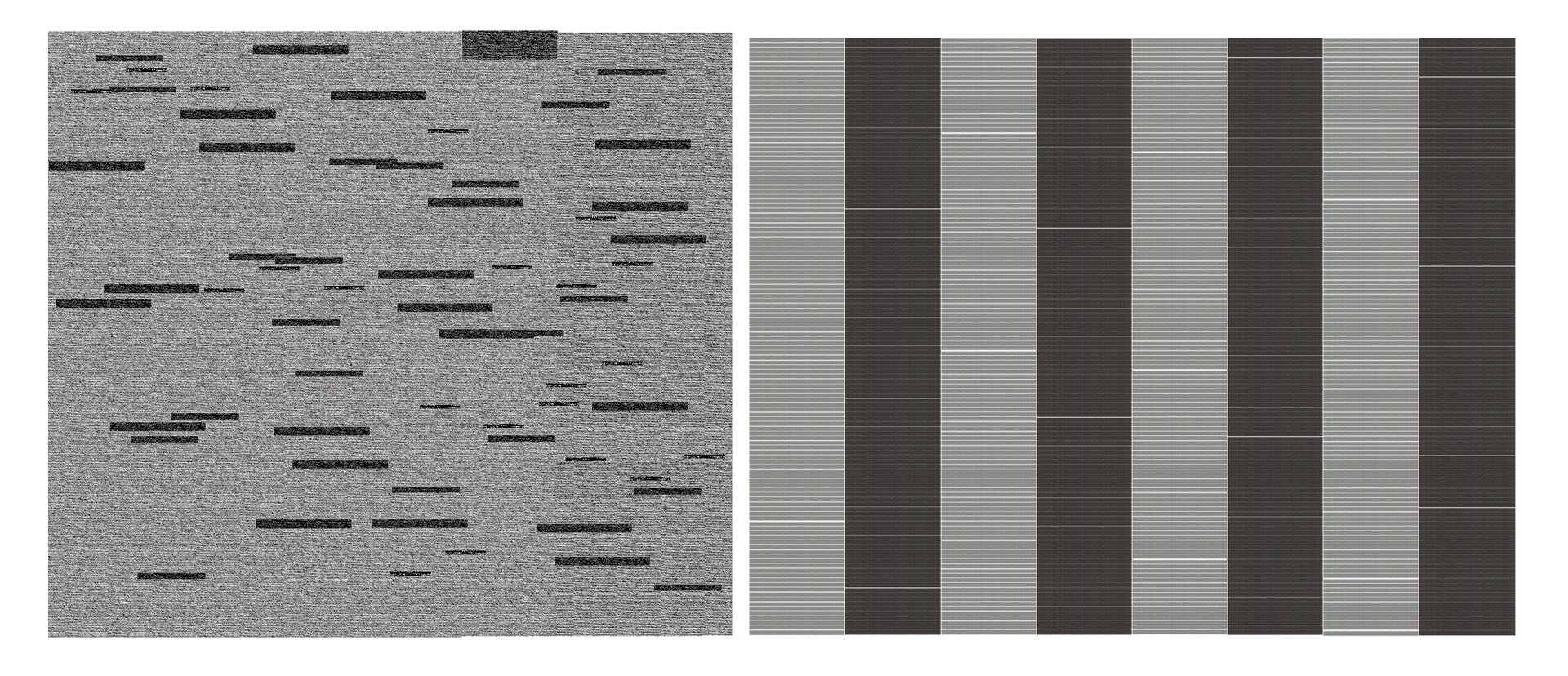 Widoczne są dwie grafiki przedstawiające wiązki rurek w wymienniku ciepła. Pierwsza po lewej ukazuje zanieczyszczenia wewnątrz rurek. Są to nieregularnie ułożone struktury. Na drugim rurki są oczyszczone i drożne wewnątrz.
