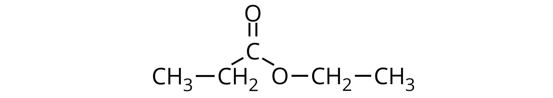 Ilustracja przedstawiająca wzór propanianu etylu zbudowanego z grupy CH3 związanej z grupą CH2, która to z kolei związana jest z atomem węgla połączonym za pomocą wiązania podwójnego z atomem tlenu oraz za pomocą wiązania pojedynczego z drugim atomem tlenu podstawiony grupą CH2 związaną z grupą metylową