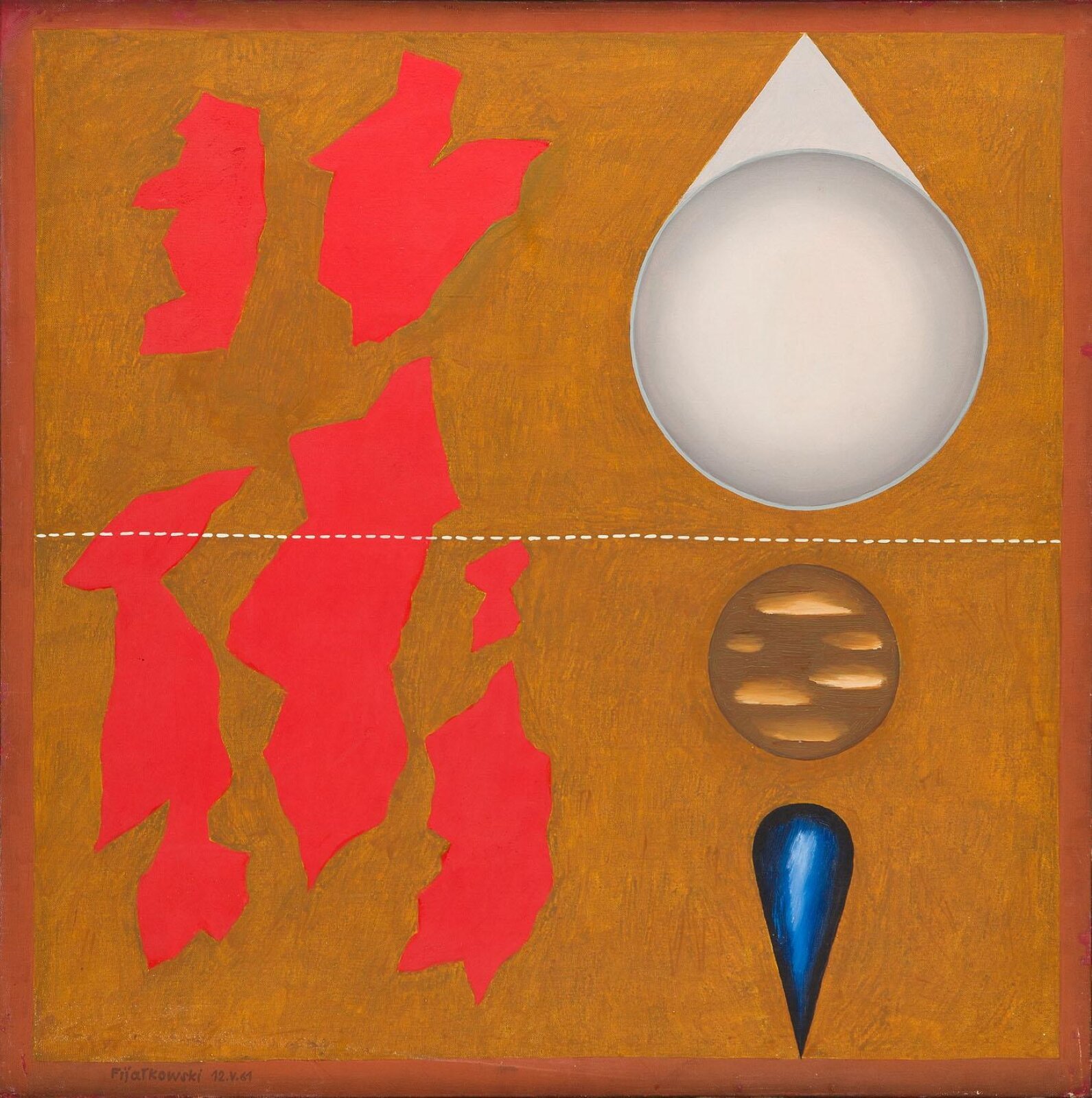 Stanisław Fijałkowski, „12.v.61”. W kwadratowym, brązowym obramowaniu namalowano pomarańczowo‑brązowe, niejednolite tło, podzielone na pół przez horyzontalną, przerywaną białą linię. W dolnej części dzieła, po prawej stronie, obecny jest okrągły, szary kształt o chłodnym odcieniu z sześcioma jaśniejszymi plamami koloru. Pod nim obecny jest ciemnoniebieski kształt przypominający odwróconą kroplę wody, z jaśniejszym detalem z przodu, jak gdyby odbijał światło. W górnej części dzieła, nad wspomnianymi kształtami, obecny jest większy, okrągły kremowy element z wystającym u góry trójkątnym fragmentem. Cały element wykazuje swoim kształtem podobieństwo do niebieskiego elementu, lecz w odwróconej i znacznie szerszej oraz większej formie. Lewa strona obrazu zawiera sześć nieregularnych czerwonych kształtów, z których większość jest podłużna. Najmniejszy z nich znajduje się na dolnej połowie dzieła, a największy – w dużej mierze, również, a jedynie jego górna część znajduje się na górnej połowie. Wszystkie czerwone kształty zostały namalowane jednolitą płaską plamą barwną. Obraz jest podpisany w lewym dolnym rogu.