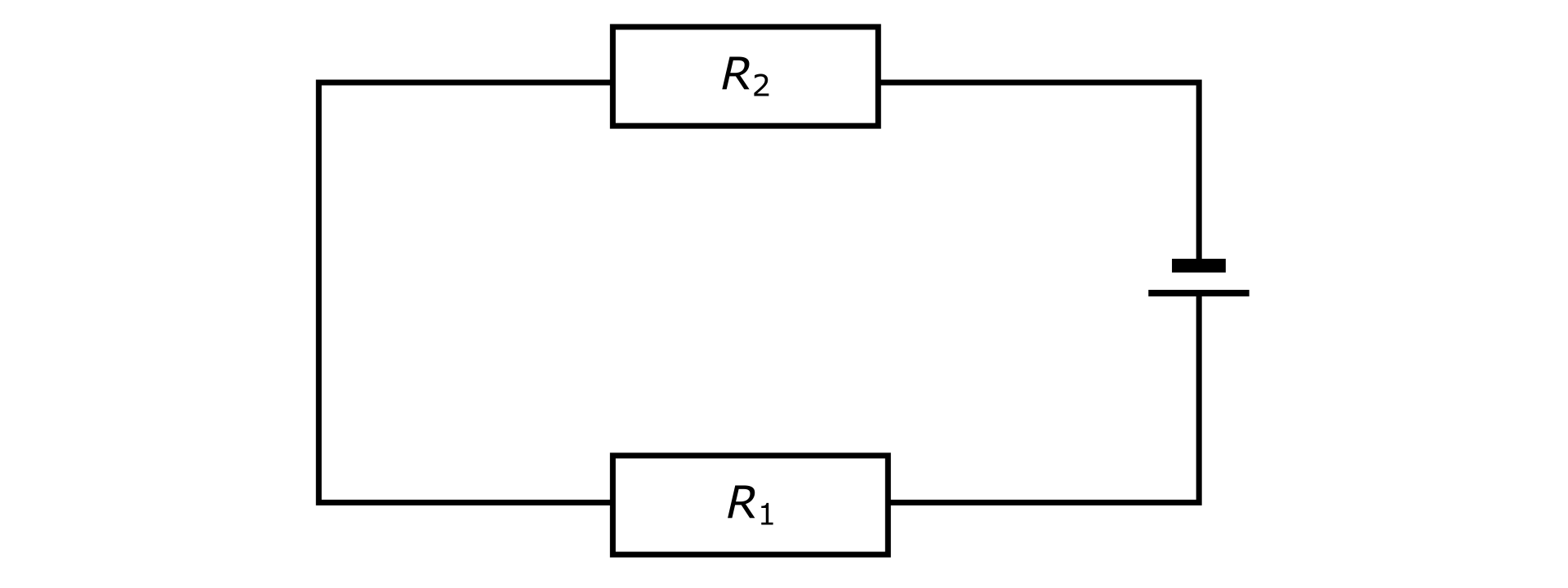 Ilustracja przedstawia schemat połączenia szeregowego. Obwód prostokątny. Na środku prawego boku symbol źródła napięcia, z biegunem dodatnim na dole a biegunem ujemnym u góry. Na dolnym boku opornik podpisany: R z indeksem dolnym jeden. Na górnym boku opornik podpisany: R z indeksem dolnym dwa.