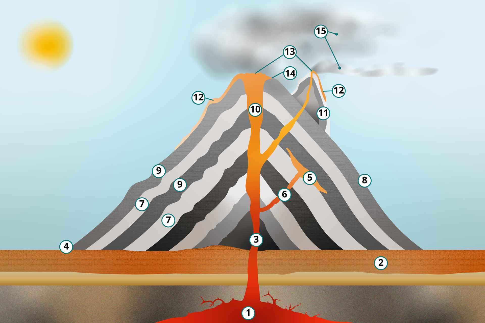 Schemat przedstawia budowę wulkanu. Pod ziemią na sporej głębokości znajduje się rozlewisko lawy oznaczone cyfrą 1 i opisane jako ognisko wulkaniczne. Na powierzchni ziemi pod wulkanem znajduje się oznaczona cyfrą 2 skała macierzysta. Cyfrą 3 oznaczono ciągnący się pionowo przez cały wulkan aż do wierzchołka kanał lawowy. Cyfra 4 to podnóże wulkanu. Cyfrą 5 oznaczono sill, czyli boczny kanał wypełniony lawą, który nie posiada ujścia na zewnątrz. Prowadzi do niego przewód boczny oznaczony cyfrą 6. Cyfrą 7 oznaczono warstwy popiołu emitowanego przez wulkan, 8 oznacza zbocze wulkanu a cyfra 9 kolejną warstwę lawy emitowanej przez wulkan. Liczba 10 umieszczona niemal u wylotu wulkanu oznacza gardziel, 11 tak zwany stożek pasożytniczy, który tworzy się z boku wulkanu na zboczu. Liczbą 12 oznaczono wydobywający się ze stożka pasożytniczego potok lawowy, liczba 13 oznacza komin wulkanu znajdujący się na samym wierzchołku oraz na wierzchołku stożka pasożytniczego, 14 opisuje krater natomiast liczba 15 - chmurę popiołu.