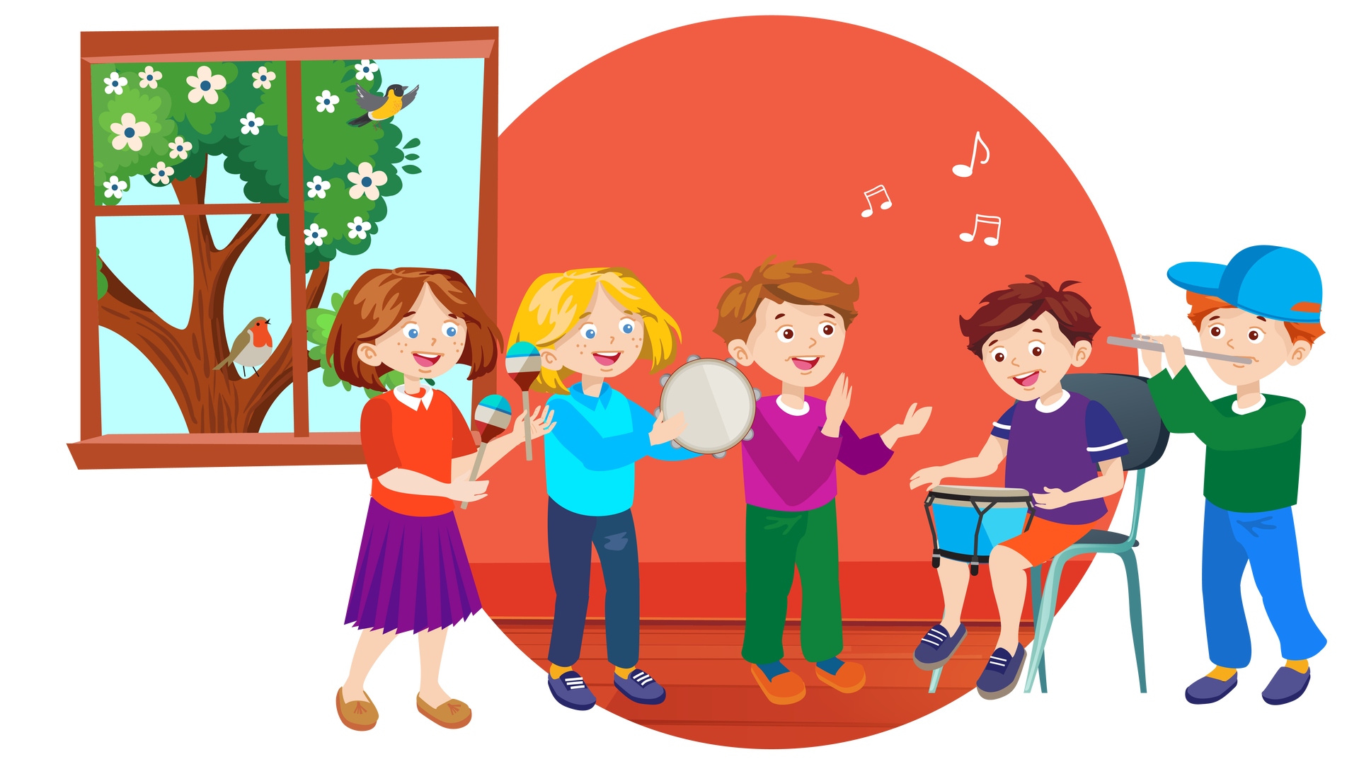 Ilustracja przedstawia pomieszczenie o czerwonych ścianach i drewnianej podłodze. Po lewej stronie znajduje się okno w brązowej ramie. Widać za nim błękitne niebo i fragment drzewa liściastego porośniętego białymi kwiatkami. Na drzewie siedzi rudzik. Jest to ptak, który ma czerwone upierzenie na szyi, jasnobrązowe na brzuchu i brązowe na grzbiecie i skrzydłach. Obok wzbija się do lotu drugi ptak. Ma żółte upierzenie na brzuchu oraz czarno‑białe na głowie, grzbiecie i skrzydłach. Jest to muchołówka żółtorzytna. W pomieszczeniu znajduje się pięcioro dzieci. Po lewej stronie stoi brązowowłosa dziewczynka ubrana w czerwoną bluzkę z krótkimi rękawami i białym kołnierzykiem, fioletową spódnicę do kolan i brązowe buty. W dłoniach trzyma marakasy, czyli drewniane grzechotki. Obok niej stoi blondwłosa dziewczynka ubrana w błękitną bluzę z niebieskim kołnierzykiem i długimi niebieskimi rękawami, długie ciemnogranatowe spodnie, pomarańczowe skarpety i granatowe buty z białymi sznurówkami. Gra na tamburynie, czyli okrągłym instrumencie z materiałową częścią, w którą się uderza, oraz okrągłymi i płaskimi metalowymi blaszkami dookoła. Trzeci jest chłopiec o jasnobrązowych włosach, ubrany w fioletową bluzę z długimi rękawami, długie ciemnozielone spodnie, granatowe skarpety i pomarańczowe buty. Klaszcze w rytm muzyki. Dalej siedzi na ciemnoszarym krześle kolejny chłopiec. Ma ciemnobrązowe włosy i jest ubrany w granatową koszulkę z krótkimi rękawami, krótkie pomarańczowe spodnie i granatowe buty z białymi sznurówkami. Na kolanach trzyma niebieski bęben, na którym gra. Po prawej stronie stoi ostatni, rudowłosy chłopiec. Jest ubrany w ciemnozieloną bluzę z długimi rękawami, długie ciemnoniebieskie spodnie, pomarańczowe skarpety i granatowe buty. Na głowie ma założoną bokiem niebieską czapkę z daszkiem. Gra na szarym flecie. Nad dziećmi unosi się kilka białych nutek.