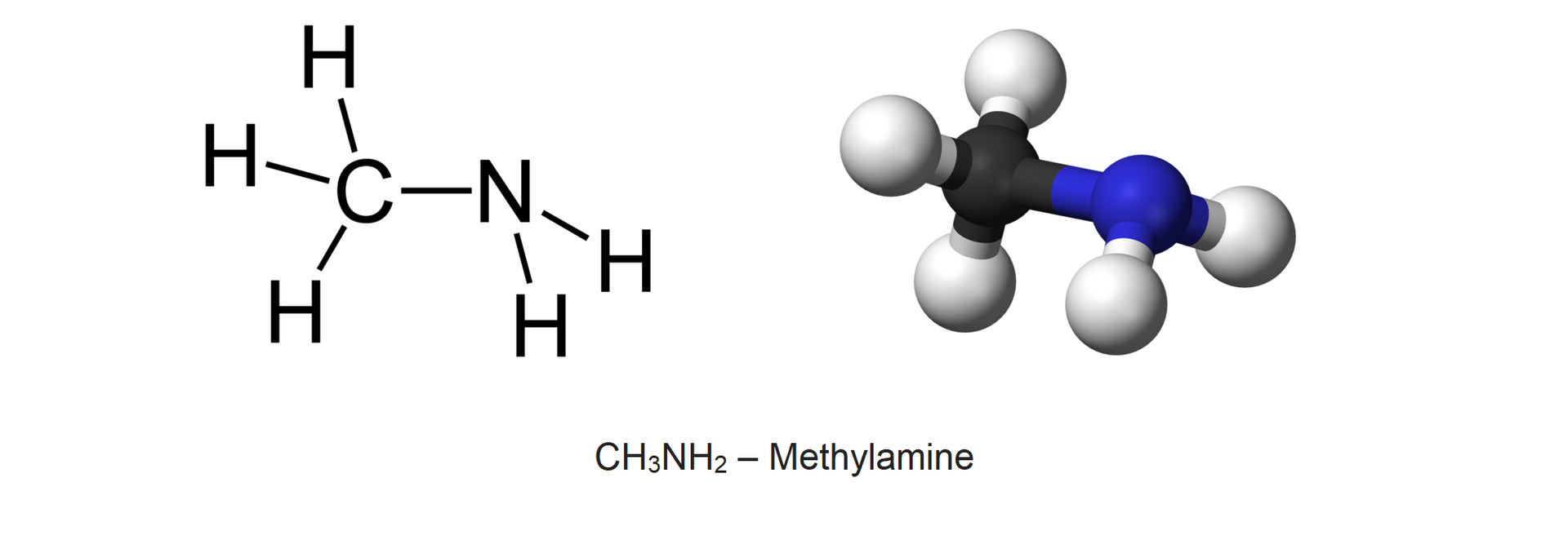 Wzór strukturalny i budowa cząsteczki metyloaminy, Methylamine ce ha trzy en ha dwa 
