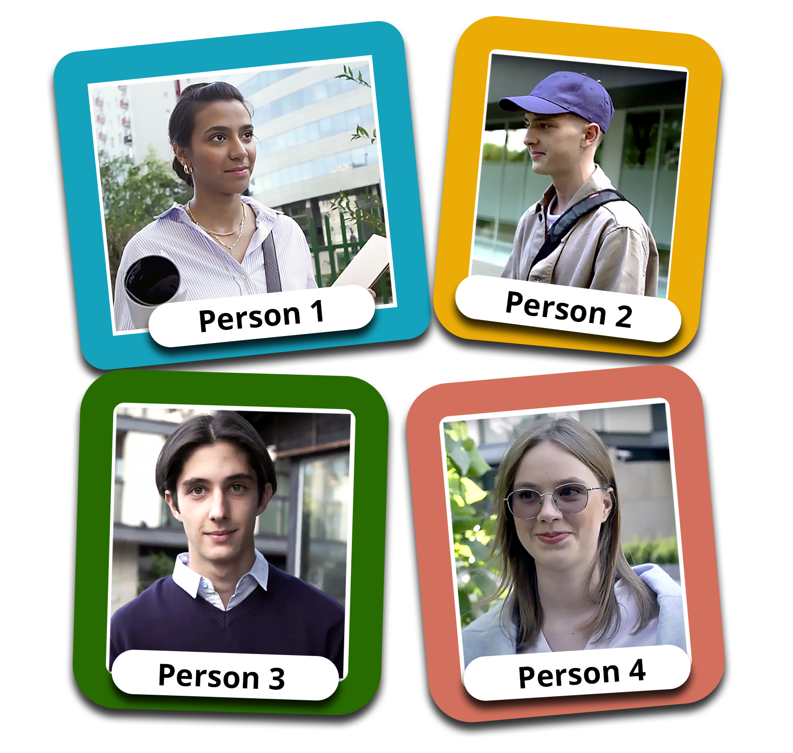  Obraz przedstawia kolaż czterech zdjęć przedstawiających młodych ludzi . Pierwsza osoba to młoda dziewczyna trzymająca zwinięte rulony w rękach. Druga osoba to chłopak noszący czapkę z daszkiem. Trzecia osoba to brunet w swetrze i koszuli. Czwarta osoba to długowłosa dziewczyna nosząca okulary.