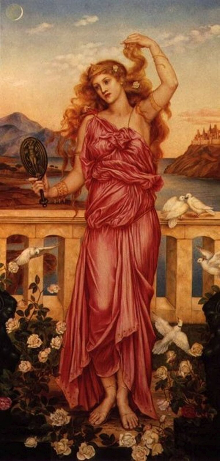 Ilustracja przedstawia obraz „Helena Trojańska” autorstwa Evelyn De Morgan. Obraz ukazuje piękną kobietę w czerwonej szacie. Helena przegląda się z lusterku. W tle widać morze oraz góry.