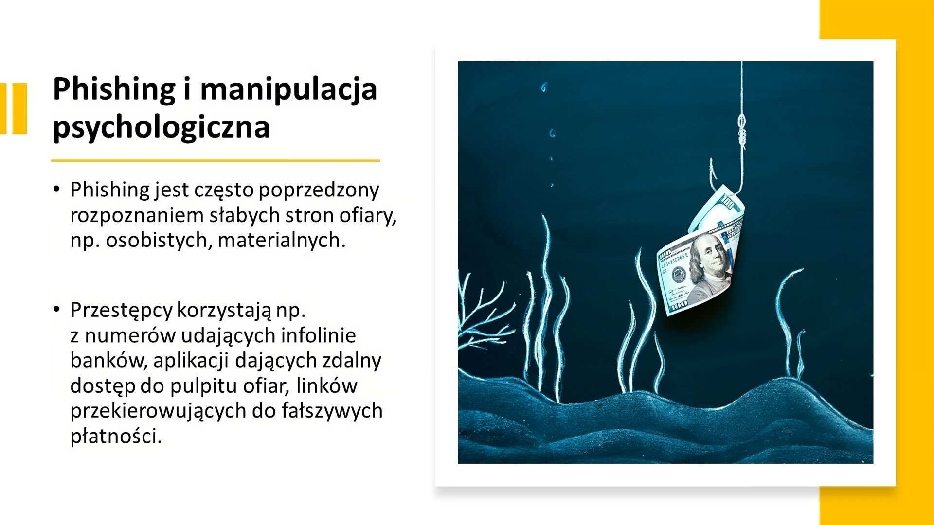 Biały slajd. Z lewej strony tekst: „Phishing i manipulacja psychologiczna. Phishing jest często poprzedzony rozpoznaniem słabych stron ofiary, na przykład osobistych, materialnych. Przestępcy korzystają na przykład z numerów udających infolinie banków, aplikacji dających zdalny dostęp do pulpitu ofiar, linków przekierowujących do fałszywych płatności”. Z prawej strony slajdu zdjęcie przedstawiające banknot dolara zawieszony na haczyku wędkarskim. U dołu ilustracji piasek i roślinność wodna.