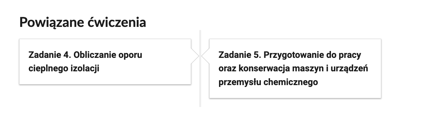 Zrzut ekranu przedstawiający nawigację po zadaniach lekcji. W okienku Zadanie 2 znajduje się tytuł z nazwą kategorii Obliczanie oporu cieplnego izolacji. W okienku Zadanie 5 znajduje się tytuł z nazwą kategorii Przygotowanie do pracy oraz konserwacja maszyn i urządzeń przemysłu chemicznego. 