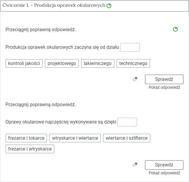 Przykładowy wygląd rozwiniętej zakładki z ćwiczeniem typu "uzupełnij luki".