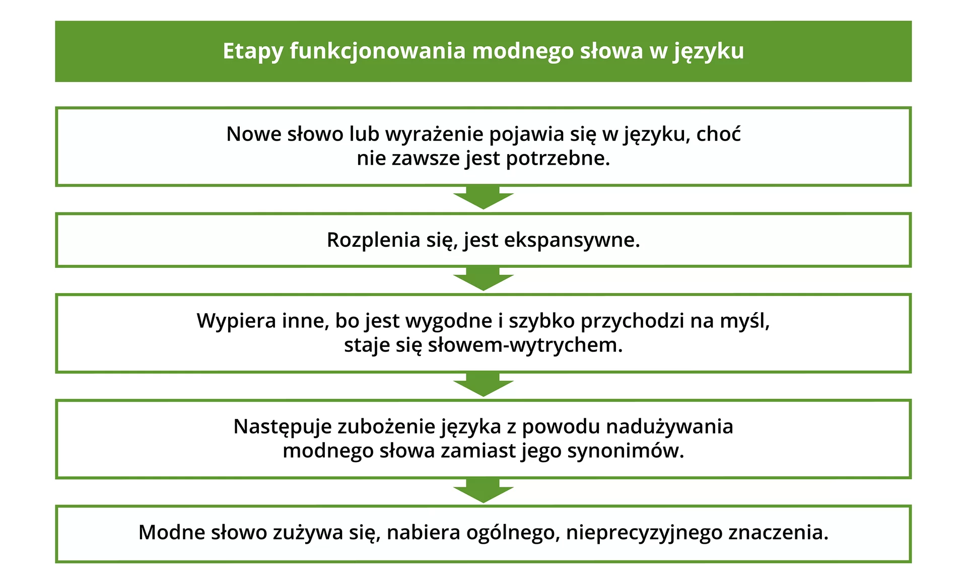 Schemat. Etapy funkcjonowania modnego słowa w języku. 1. Nowe słowo lub wyrażenie pojawia się w języku, choć nie zawsze jest potrzebne. 2. Rozplenia się, jest ekspansywne. 3. Wypiera inne, bo jest wygodne i szybko przychodzi na myśl, staje się słowem‑wytrychem. 4. Następuje zubożenie języka z powodu nadużywania modnego słowa zamiast jego synonimów. 5. Modne słowo zużywa się, nabiera ogólnego, nieprecyzyjnego znaczenia.