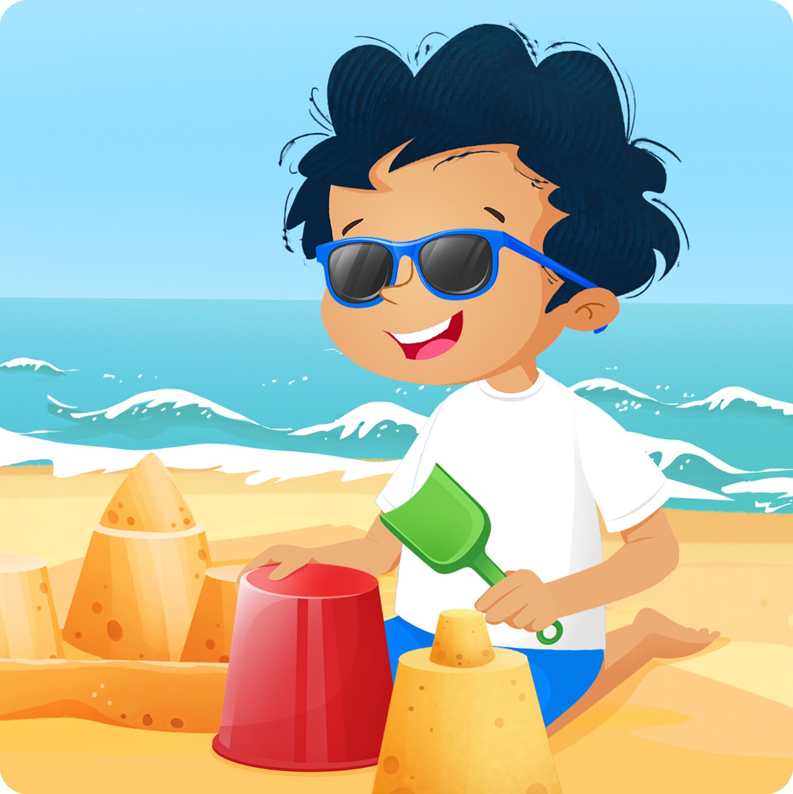Ilustracja przedstawia Bena na plaży. Buduje zamki z piasku. Ma na sobie okulary przeciwsłoneczne