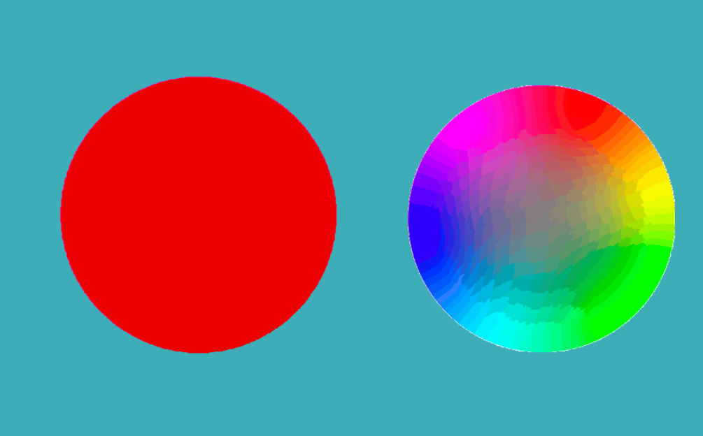 Ilustracja przedstawia przykładową grafię w formacie GIF. Format GIF wyświetla na przeźroczystym tle czerwone koło oraz koło barw na którym widoczne są przejścia między poszczególnymi kolorami.  
