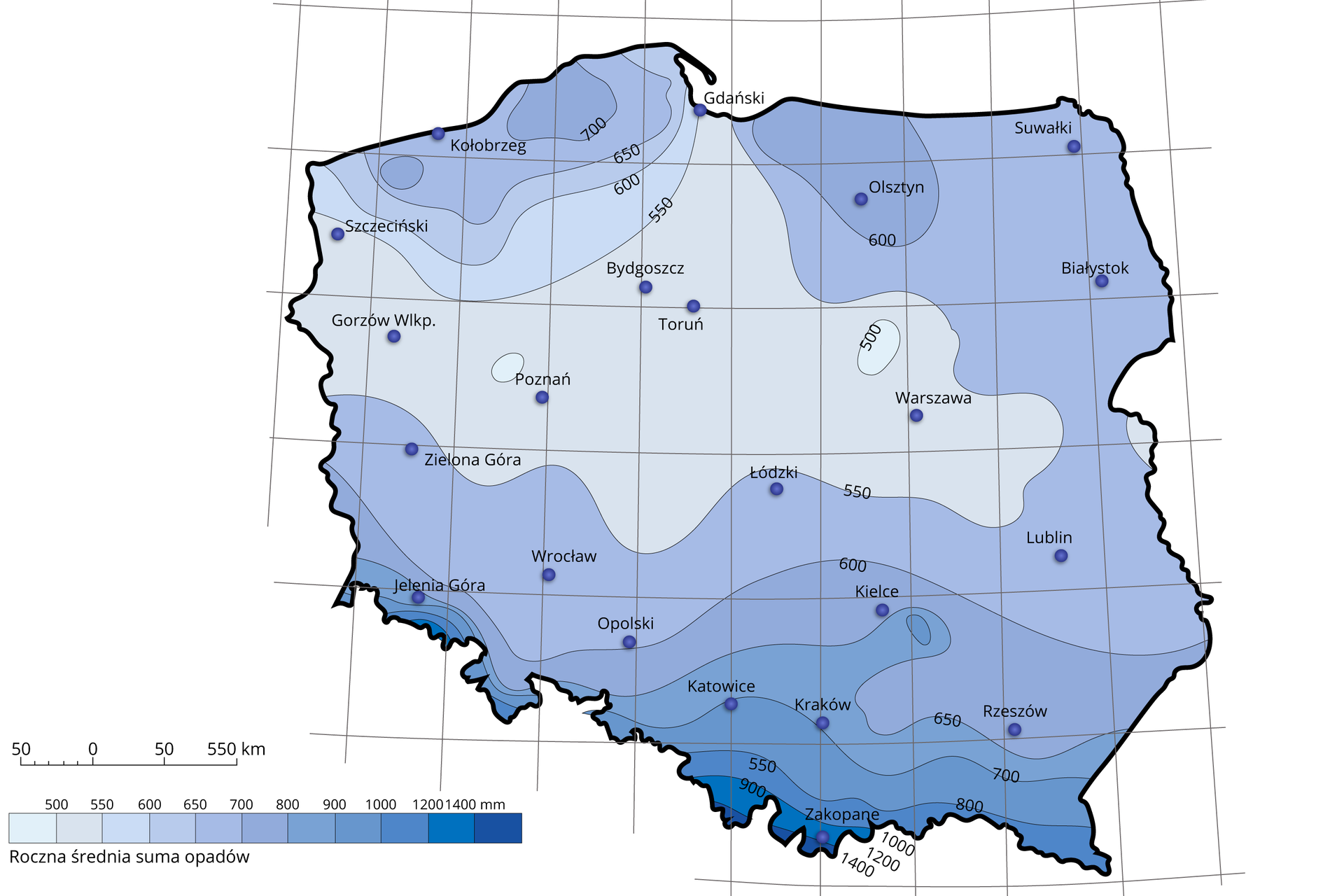 Mapa Polski przedstawia opady roczne. Od 500 do 550 milimetrów występuje w rejonie Gorzowa Wielkopolskiego, Bydgoszczy, Torunia, Poznania, Warszawy. Od 550 do 600 milimetrów występuje w rejonie na północ od Szczecina i Bydgoszczy oraz w rejonie Zielonej Góry, Wrocławia, Opola, Łodzi, Lublina, Białegostoku i Suwałk. Od 600 do 650 milimetrów występuje w rejonie Kielc, Rzeszowa i Olsztyna. Od 650 do 700 milimetrów występuje w rejonie Kołobrzegu, Krakowa i Jeleniej Góry. Od 700 do 800 milimetrów występuje w rejonie Katowic. Wyższe opadu występują w Sudetach i Karpatach.