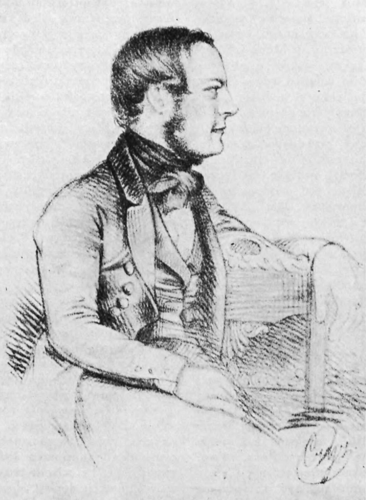 Ilustracja przedstawia prawy profil siedzącego na krześle mężczyzny. Ma krótkie włosy oraz bokobrody. Ubrany jest w surdut.