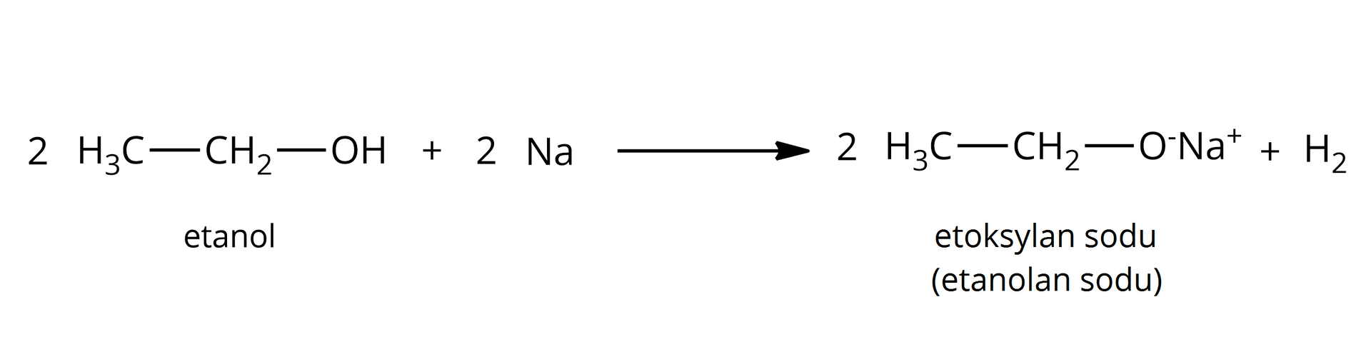 Ilustracja przedstawia równanie reakcji etanolu z sodem, w której powstaje etoksylan sodu, czyli etanolan sodu. Równanie reakcji: 2 H3C—CH2—OH+2 Na→2 H3C—CH2—O-Na++H2.
