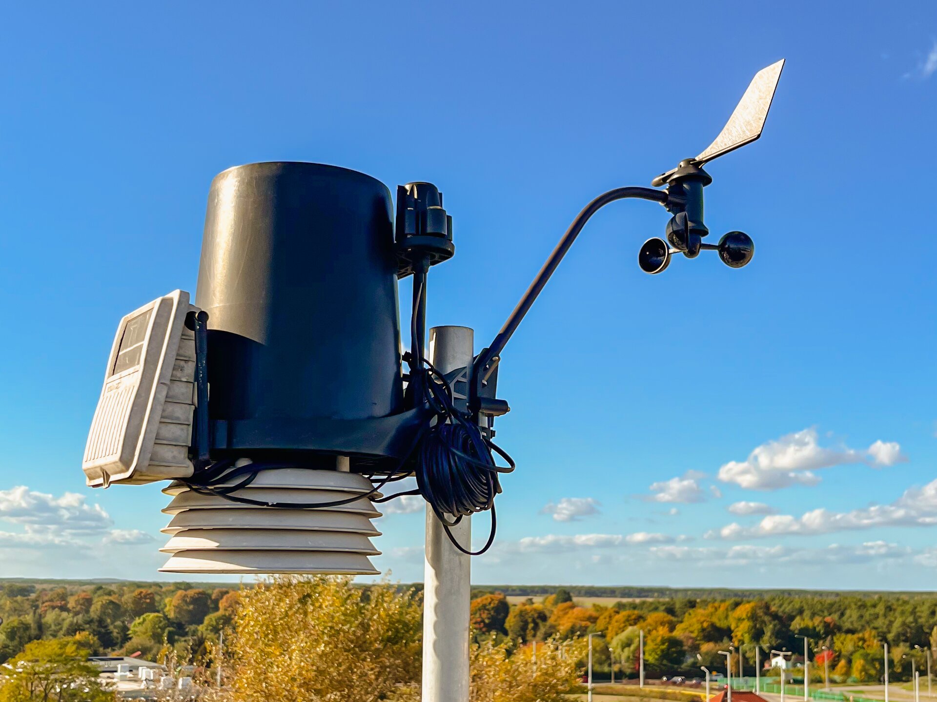 Zdjęcie przedstawia wiatromierz czaszowy w ogródku meteorologicznym. Widać jego szczytową część. Widać element w kształcie odwróconej do góry nogami miski. W prawo odstaje długi element zakończony częścią, która może się obracać pod wypływem wiatru. Ta część posiada drobne elementy w kształcie przypominającym okrągłe łyżki.