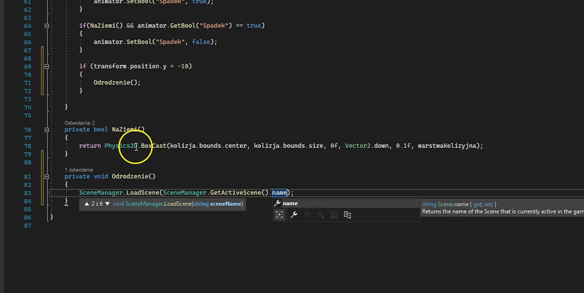Na ilustracji widoczny jest fragment skrypt programu od linii sześćdziesiąt jeden do linii osiemdziesiąt siedem.  Przedstawiony fragment kodu dotyczy odradzanie się gracza po upadku lub zetknięcia się z przeszkodą..