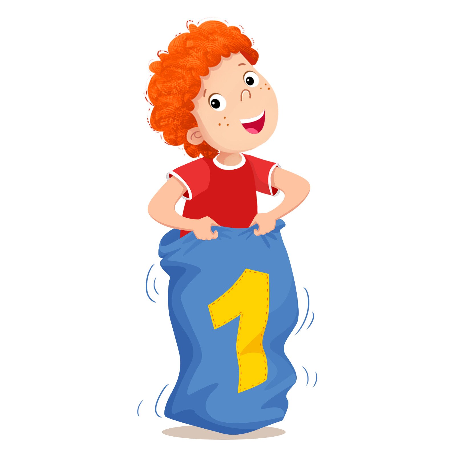 Ilustracja przedstawia chłopca, który przygotowuje się do zawodów biegu w workach.