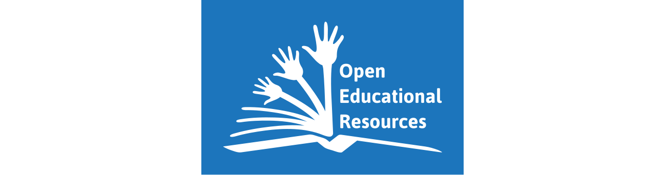 Logo przestawia otwartą książkę. Sześć kartek książki po lewej stronie jest rozłożone (otwarte), trzy spośród nich zakończone dłońmi. Po prawej stronie ilustracji nad zamkniętą częścią książki widoczny jest napis: Open Educational Resource.