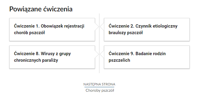 Grafika przedstawia widok przykładowego przycisku ćwiczeń powiązanych z danym multimedium. Na górze znajduje się napis: Powiązane ćwiczenia. Poniżej znajdują się cztery kafelki z numerem ćwiczeń i tytułem. Ćwiczenie pierwsze. Obowiązek rejestracji chorób pszczół. Ćwiczenie ósme. Wirusy z grupy chronicznych paraliży. Ćwiczenie drugie. Czynnik etiologiczny braulozy pszczół. Ćwiczenie dziewiąte. Badanie roślin pszczelich.