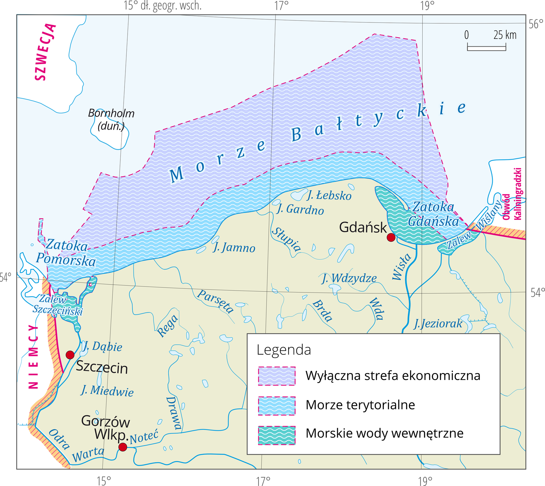 Na mapie fragment obszaru Polski – wybrzeże. Kolorowymi pasami oznaczono zasięg morskich wód wewnętrznych, terytorialnych i wyłącznej strefy ekonomicznej.