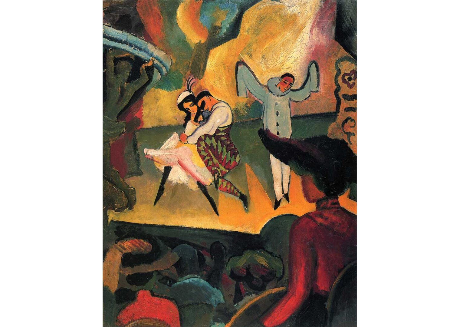 Obraz przedstawia ludzi obserwujących tancerzy tańczących na scenie zajmującej większość obrazu. Dwójka tancerzy - kobieta i mężczyzna - tańczą we dwoje, obok stoi trzeci tancerz unoszący ręce.