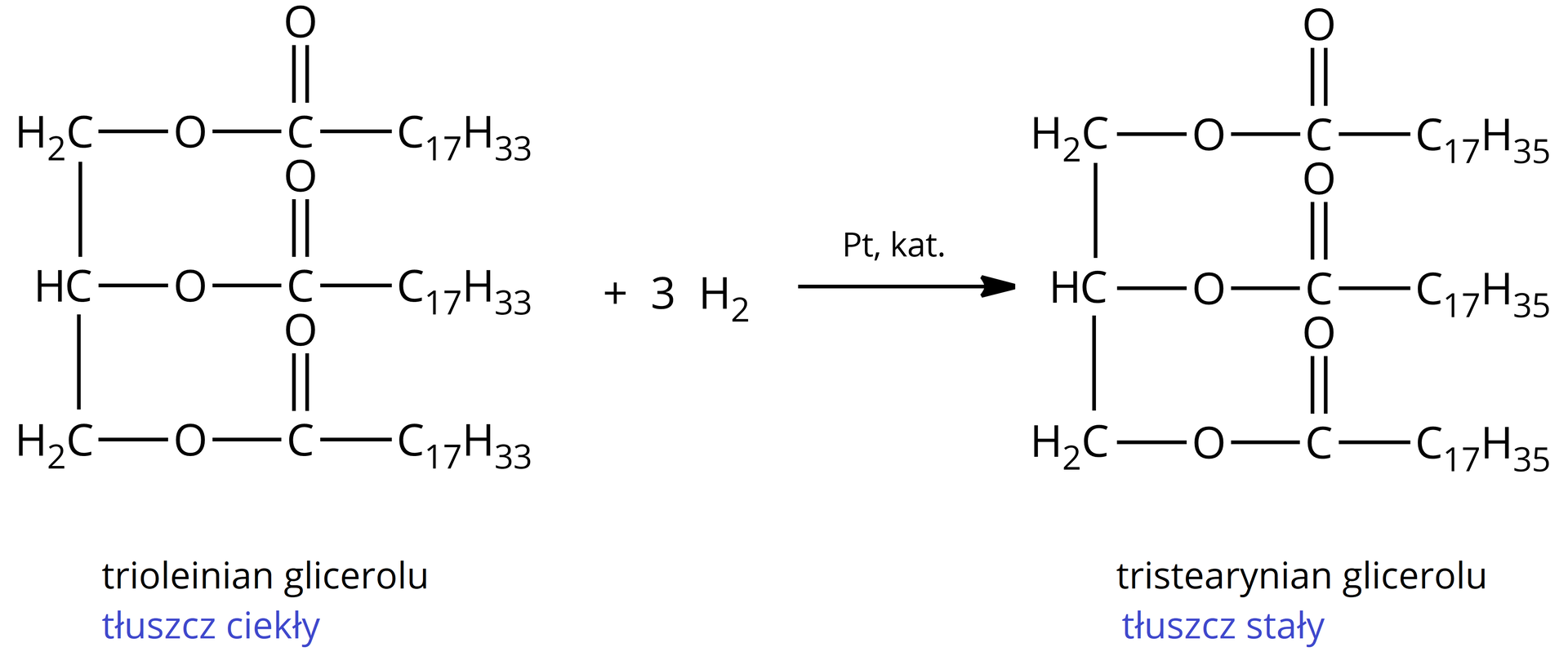 Na ilustracji jest równanie reakcji: jedna cząsteczka trioleinianu glicerolu, tłuszcz ciekły, dodać trzy cząsteczki wodoru strzałka w prawo, nad strzałką jedna cząsteczka platyny, pod strzałką napis: katalizator, jedna cząsteczka tristearynianu glicerolu, tłuszcz stały. 