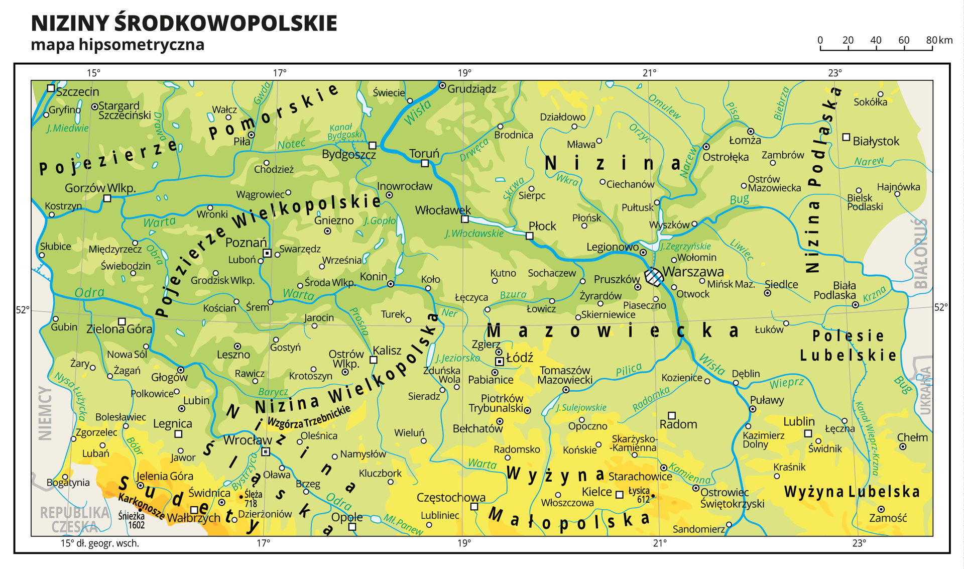 Ilustracja przedstawia mapę hipsometryczną Nizin Środkowopolskich. Na mapie dominuje kolor zielony oznaczający niziny i żółty – oznaczający wyżyny. Oznaczono i opisano miasta, rzeki, jeziora i szczyty. Opisano pojezierza, niziny, wyżyny, góry i inne krainy geograficzne oraz państwa sąsiadujące z Polską. Dookoła mapy w białej ramce opisano współrzędne geograficzne co dwa stopnie.