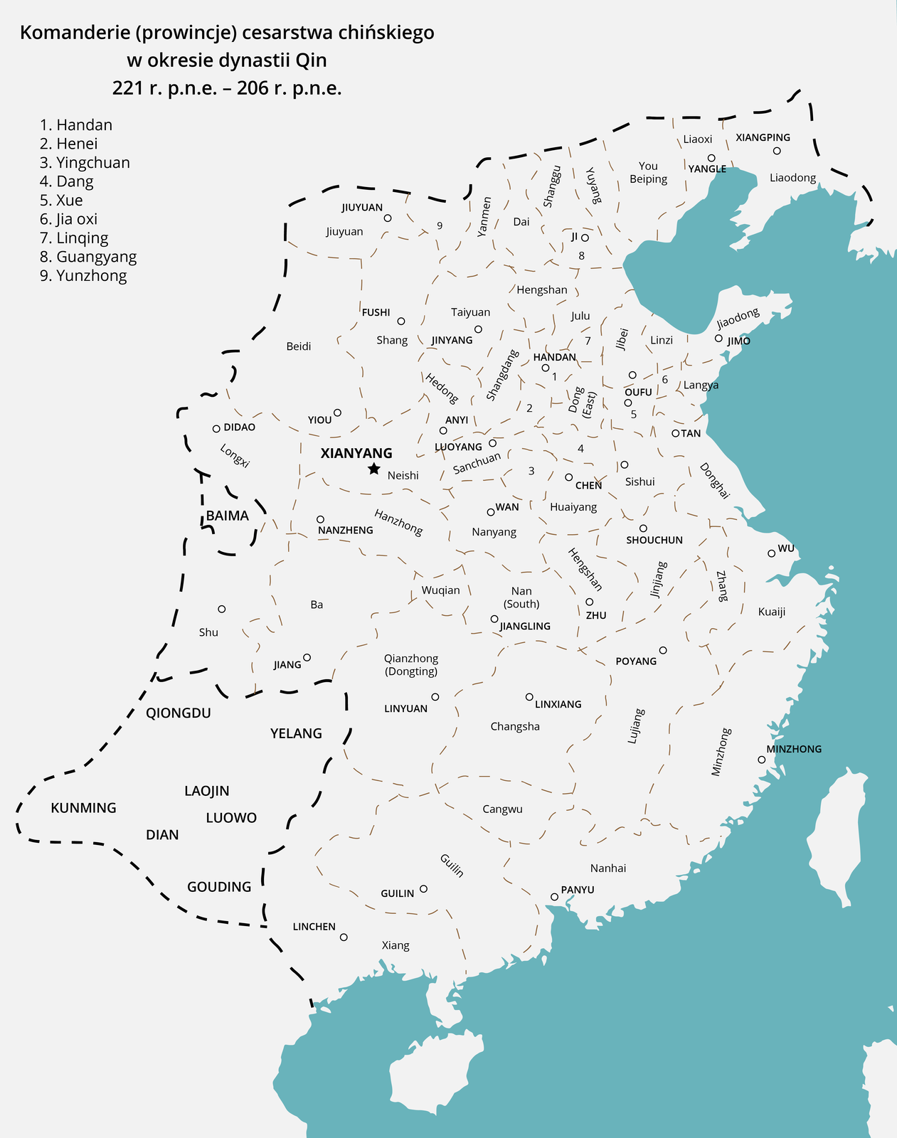 Mapa przedstawia Komanderie, prowincje cesarstwa chińskiego w okresie panowania dynastii Qin od 221 roku przed naszą erą do 206 r przed naszą erą. Są to: Handan, Henei, Yingchuan, Dang, Xue, Jia oxi, Linqing, Guangyang, Yunzhong.