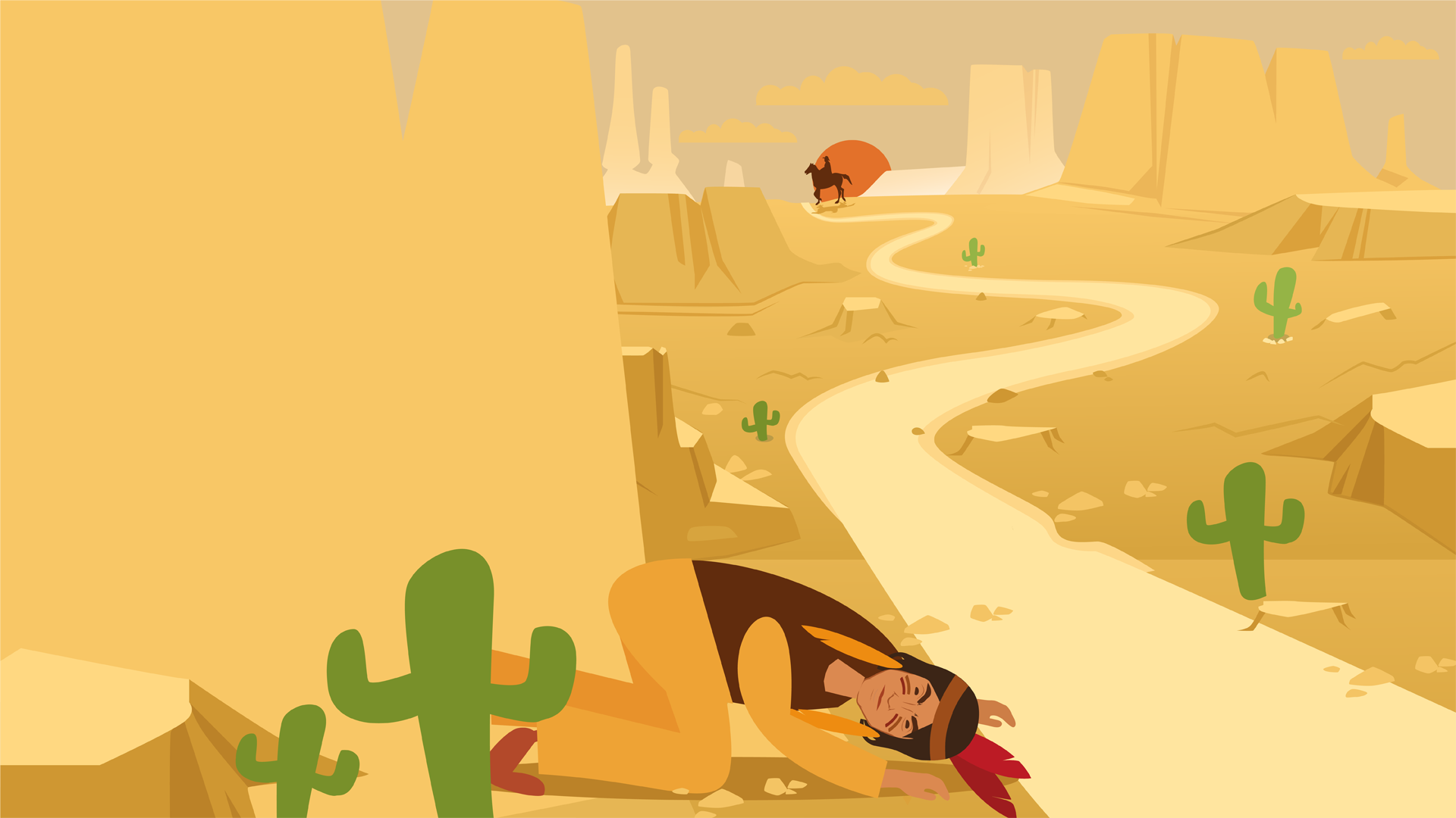 Ilustracja przedstawia klęczącego Indianina na skraju pustynnej drogi. Indianin nasłuchuje dźwięków rozchodzących się w ziemi. W oddali ukazany jest koń na tle czerwonego Słońca. Widać pustynną roślinność.